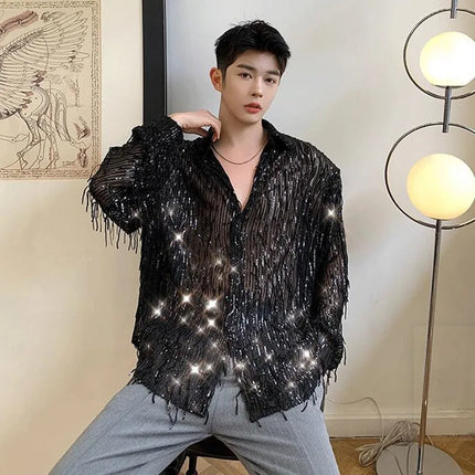 Summer Shiny Sequined Shirts Men's Fashion Bling Tassel Long Sleeve Shirt Nightclub DJ Singer Stage Costume Oversized Blouse