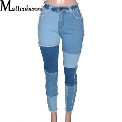 2025 New Women's Patchwork Slim Fit Denim Pencil Pants Stretch Color Block Fringed Trim Butt-Lift Skinny High Waist Jeans Pants