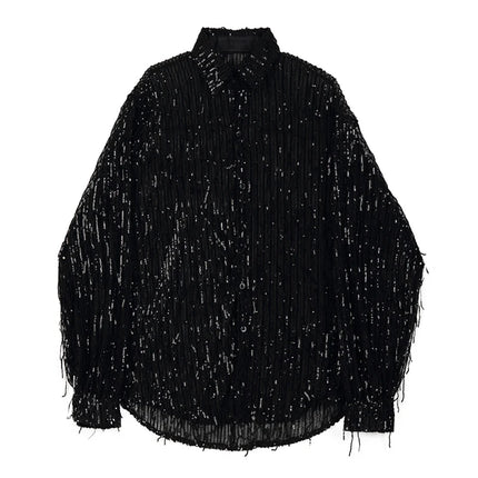 Summer Shiny Sequined Shirts Men's Fashion Bling Tassel Long Sleeve Shirt Nightclub DJ Singer Stage Costume Oversized Blouse