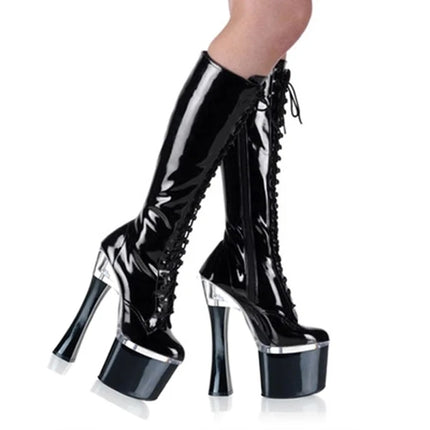 Sexy Patent leather Thin heels 15cm High heeled shoes Fahion Thigh high boots Nightclub Pole dancing Cross dressing Gothic Party
