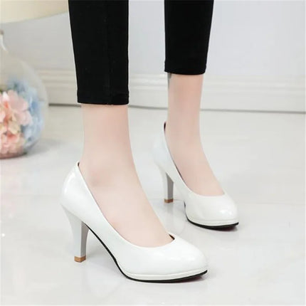 New Women Pumps Shoes Women PU Leather Shallow Slip-On Round Toe High heels Shoes Wedding Party Derss Shoes Mujer Size 34-42