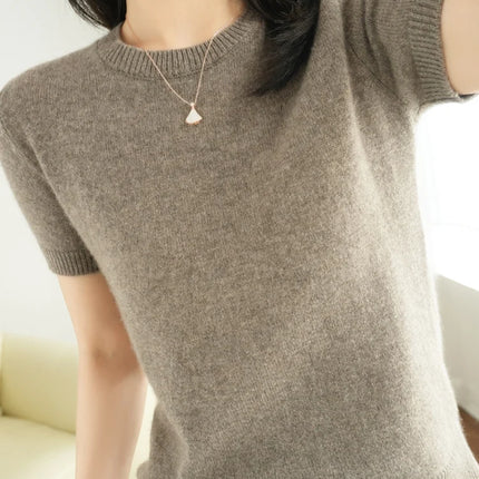 Short-sleeved Knitwear O-neck T-shirt Wool Cotton Blend Pullover Vest Sprig Summer Bottoming Tops Sweater