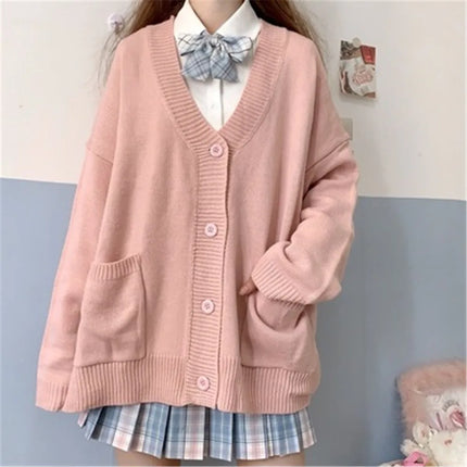 2026 Autumn Winter V-neck Cotton Knitted Sweater Uniform Cardigan Multicolor Women's Wear Japanese Style Sweater Tops