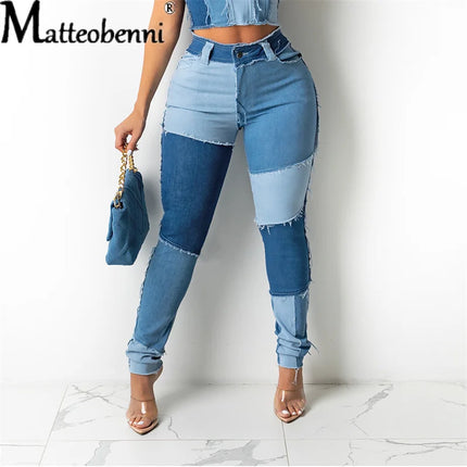 2025 New Women's Patchwork Slim Fit Denim Pencil Pants Stretch Color Block Fringed Trim Butt-Lift Skinny High Waist Jeans Pants