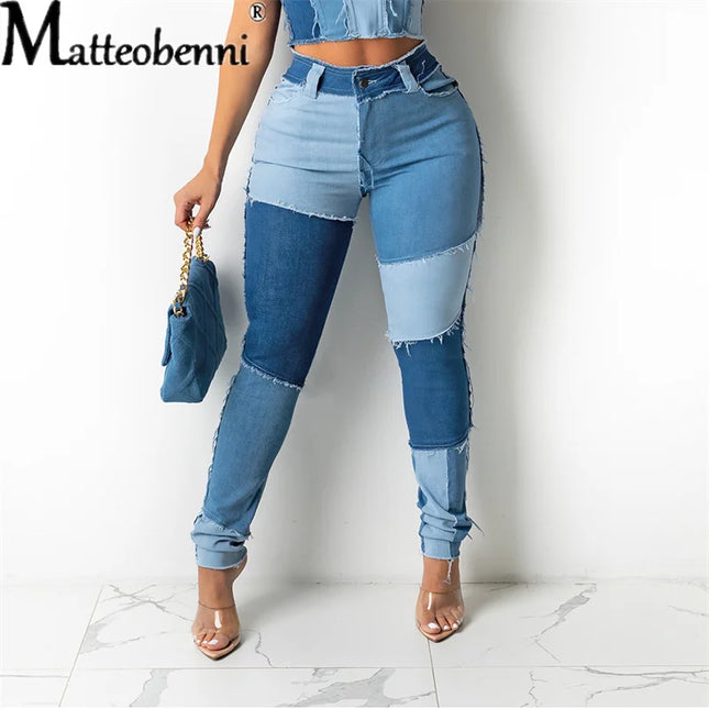 2025 New Women's Patchwork Slim Fit Denim Pencil Pants Stretch Color Block Fringed Trim Butt-Lift Skinny High Waist Jeans Pants