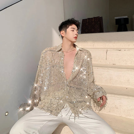 Summer Shiny Sequined Shirts Men's Fashion Bling Tassel Long Sleeve Shirt Nightclub DJ Singer Stage Costume Oversized Blouse