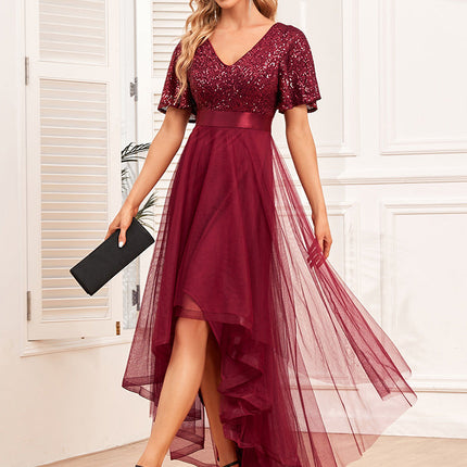 Spring Summer Double V neck Elastic Waist Short Sleeve Irregular Asymmetric Evening Dress Party Midi Women Dress