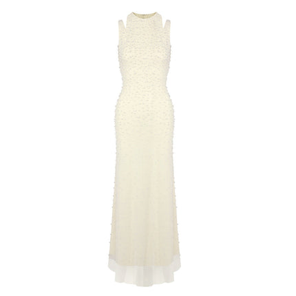 Pearl Tassel off the Shoulder Fishtail Dress Heavy Industry Beads Slim Slimming Dinner Dress for Women