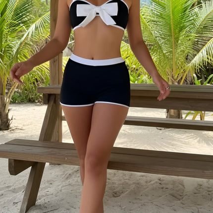 Casual Black White Contrast Color Bow Bikini Swimsuit Bikini