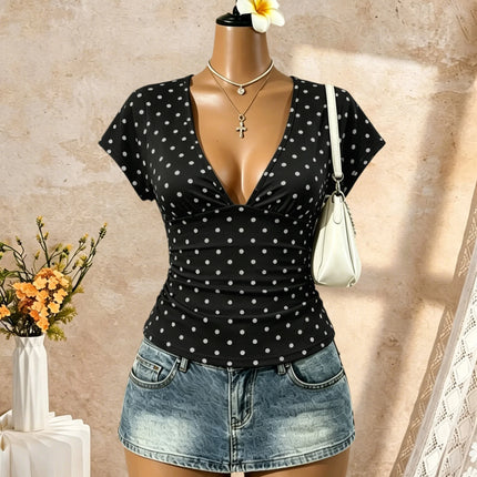 Women Short Sleeve Deep V Neck Side Ruched Wrap Crop T Shirt 2026 Summer Y2K Casual Streetwear Basic Solid Tees