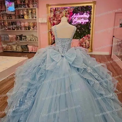 Customized Light Blue Quinceanera Dresses  Vestido De 15 Años  Lace Appliqued Sequins Mexcian Birthday Party Dress Court Train