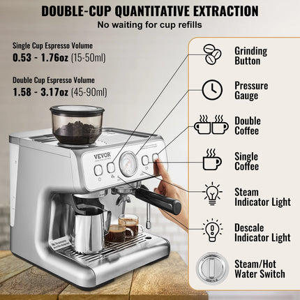 SucceBuy Espresso Machine with Grinder 15 Bar Semi-Automatic Espresso Coffee Maker with Milk Frother Steam Wand