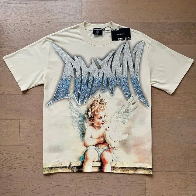 Marca de moda Emoción Mixta Bordado Diamantes de imitación American Streetwear Estampado de ángel Hot Diamond Top Camisetas Sueltas Hombre Mujer