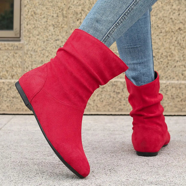 Short Boots Women's White New Pleated Women's Boots Flat Bottomed Versatile Woman Boots Large Size Woman Booties