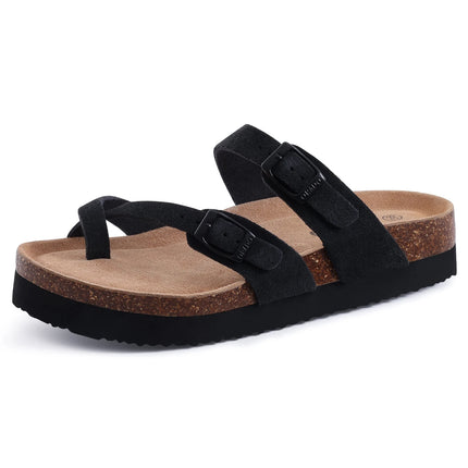 Black toe-loop sandal with two adjustable buckles