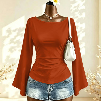 Boat Neck Flare Long Sleeve Side Ruched Fitted Casual Blouse Slim Fit Basic Top