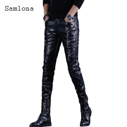 2025 Rock Style PU Leather Pants Sexy Night Club Dance Pants Men Fashion Multi-Zipper Faux Leather Slim Motorcycle Trouser New