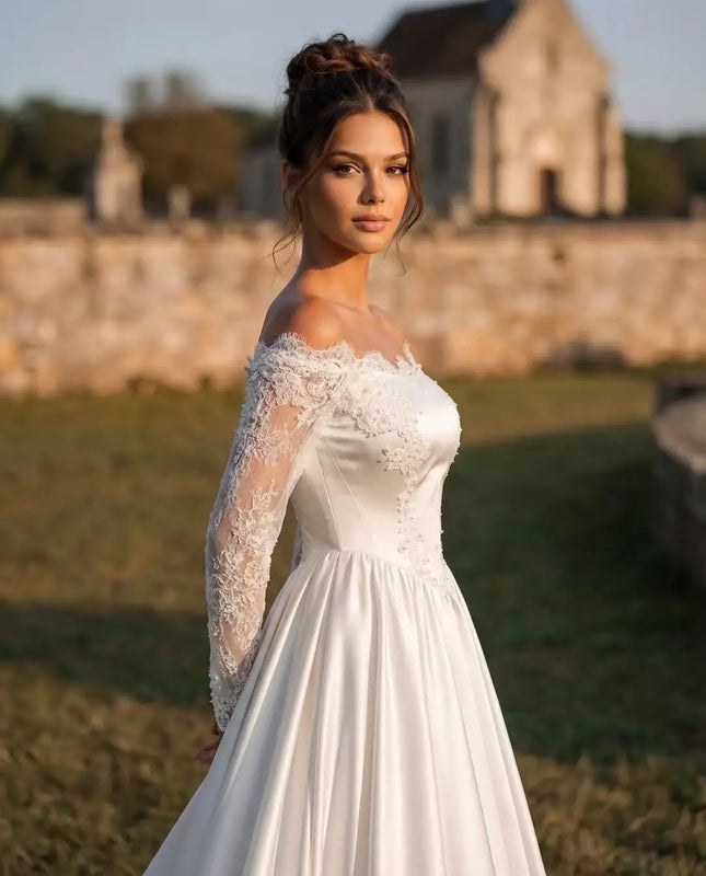 Maßgeschneidertes Luxus-Brautkleid für Mädchen, langärmelig, A-Linie, ärmelloses, besticktes Spitzenbrautkleid, Korsett, Vestido de novia