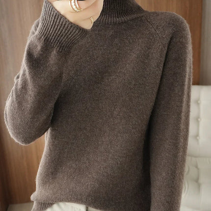 Basic Autumn Winter Merino Wool Sweater Mock Neck Cashmere Pullover Solid Color Soft Long Sleeve Basic