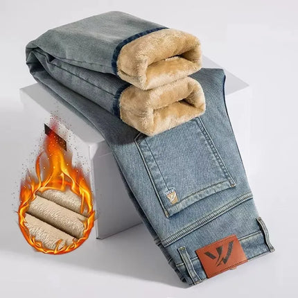 2025 Winter New Men's Fleece Thickened Jeans Retro Blue Hot Straight Casual Pants Stretch Premium Velvet Warm Denim Pants