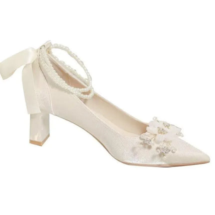 French-style Wedding Shoes, Bridal Shoes, Main Wedding Dress Shoes, Thick-heeled High Heels, White, Comfortable and Not Tiring