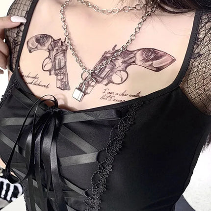 Vintage Tops Goth T-shirt Women Bodycon Bandage Lace Black T-shirts Gothic Streetwear Sexy Female Top Casual Mesh Tee