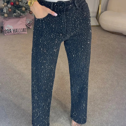 2025 Women Jeans Straight Diamonds Pants Stretch High Waist Washed Mom Jeans Y2k Streetwear Trousers Vintage Denims Streetwear