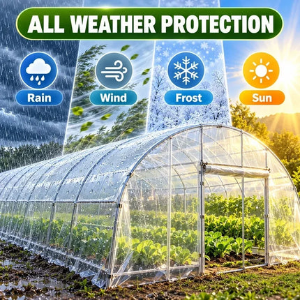 Greenhouse with icons for rain, wind, frost, and sun protection