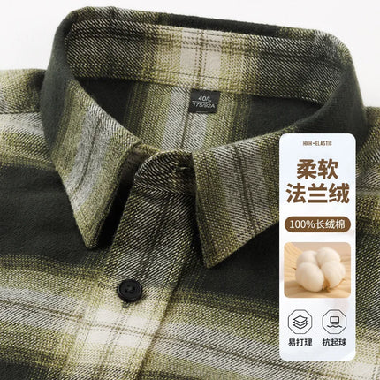 50S 2025 New In Autumn and Winter Pure Thick Cotton Flannel Polished Plaid Shirt With Pocket Men's Casual  Long-sleeved Shirt