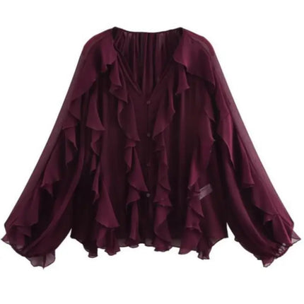 2026 New Summer Women's Elegant Loose Long Sleeve Chiffon Layered Shirts Lady Vintage V-neck Translucent Tierred Ruffles Blouses