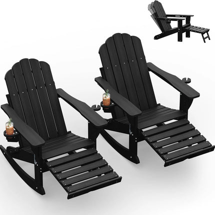All Weather HDPE Adirondack Rocking Chairs Set Of 2, Foldable Patio Rocker Chairs With Retractable Ottoman And Cup Holder, Outdoor Lounge Seating For Porch Backyard Deck Garden Poolside, Black