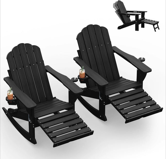 All Weather HDPE Adirondack Rocking Chairs Set Of 2, Foldable Patio Rocker Chairs With Retractable Ottoman And Cup Holder, Outdoor Lounge Seating For Porch Backyard Deck Garden Poolside, Black