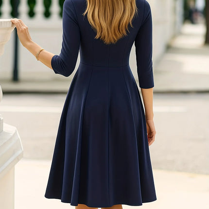 Women Elegant Round Neck 3/4 Sleeve Autumn Knee Length A Line Dress High Waist Solid Color Flare Dress Slim Fit Office Work Part