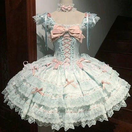 Japanese Sweet Lolita Kawaii  Fluffy Dress Women JK Lovely Ballet Princess Cake Dresses Harajuku Lace Bow Patchwork Cute Outfit