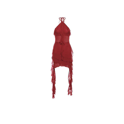 Sylcue 2024 Spring New Sweet Gentle Sexy Mature Beautiful Elegant Party Queen Women'S Short Neck Ruffled Tassel Dress
