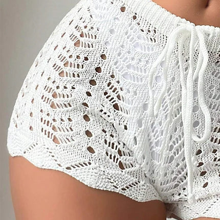 Women's White Crochet Knit Shorts High Waist Elastic Drawstring Hot Pants, Summer Beach Hollow Out Mesh Bottoms