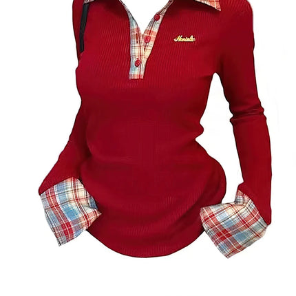 Preppy Polo Neck Plaid Long Sleeve Layered T Shirt Fake Two-piece Basic Top V Neck Button Blouses Tees