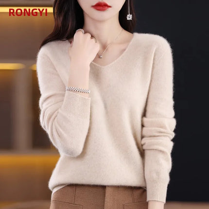 Sweater 100% Merino Wool Knitwears Autumn Winter Cashmere Knitted V-Neck Pullover Solid Jumper Clothing Tops