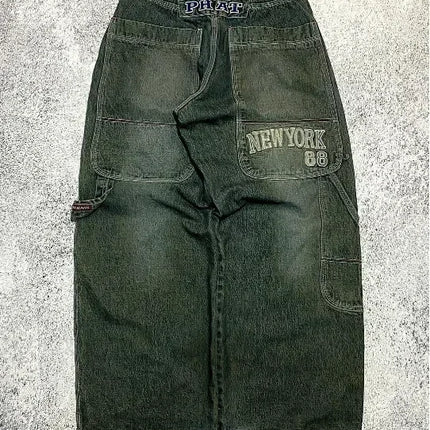 Y2K retro graffiti pattern washed loose hip hop plus size skateboard straight jeans sports casual reflective layered trousers