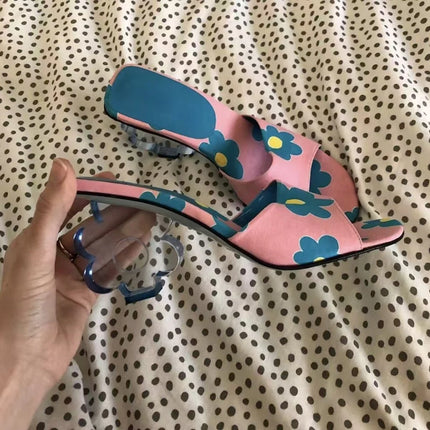 Retro Style Pink Floral Print Mule Sandals Playful Daisy Pattern Clear Acrylic Flower Heel Round Toe Design Summer Casual Daily