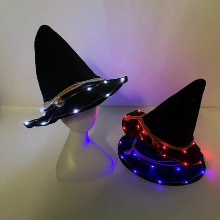 LED Light Up Witch Hat Black Pointed Wizard Hat with Rope Glowing Party Hats Halloween Cosplay Costume Accessory for Women