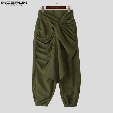 INCERUN Men Irregular Pants Solid Color Joggers Lace Up Casual Trousers Men Streetwear Loose Pleated Fashion Long Pants S-5XL