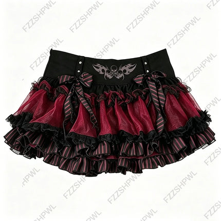 Gothic Lolita Mini Skirt Women Red Black Layered Tulle Ruffle Tutu Skirt Skull Print Striped Bow Lace Harajuku Micro Short Skirt