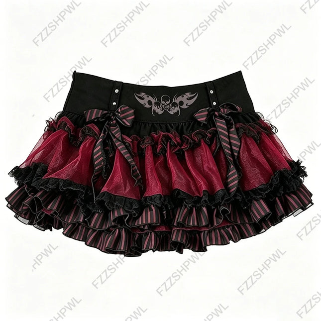 Gothic Lolita Minirock Damen Rot Schwarz Gestufter Tüll Rüschen Tutu-Rock Totenkopf-Print Gestreift Schleife Spitze Harajuku Mikro-Kurzrock