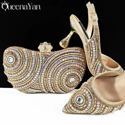 Queena Yan Nigerian Heel Party for Women Silver Color Shoes and Bag Set Rhinestone Handbag Italian Design Wedding INS 2025