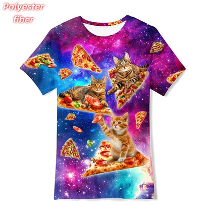 3D Print Fun Cute Cat T-Shirt For Men Pizza Burger Pattern Tees Summer Street Casual Short Sleeve Tops Loose Round Neck T Shirts