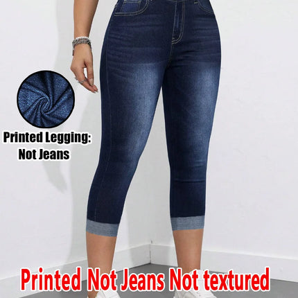 2007 [Printed Pants - Not Denim Fabric] Printed Legging - Not Denim Fabric Women's Imitation Denim Capri Pants Summer Blue