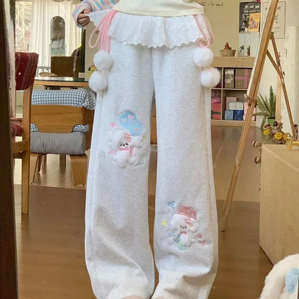 Cute Cartoon Wide Leg Pant Women Lace Patchwork High Waist Sweet Trousers Vintage Japan Preppy Style Fall Winter Kawaii Pants