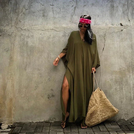 Boho Sexy Swimwear Cover Up Long Dress Rayon Solid Color Beach Wear Tunic Kaftans Kimono Women Clothing Summer Swimsuit