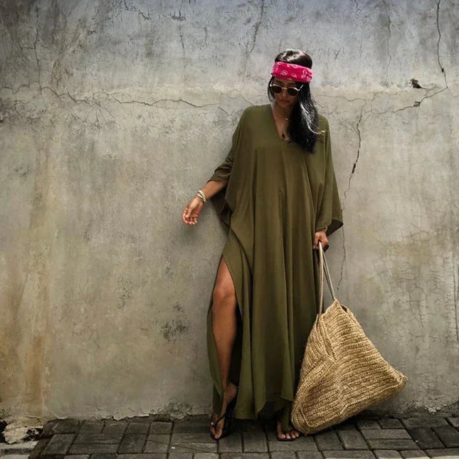 Boho Sexy Bademoden-Vertuschung Langes Kleid Viskose Einfarbig Strandkleidung Tunika Kaftane Kimono Damenbekleidung Sommer Badeanzug